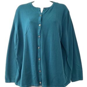 Vintage LIZ BAKER Plus 1X Teal Turquoise Cotton Blend Knit Button Cardigan Sweat